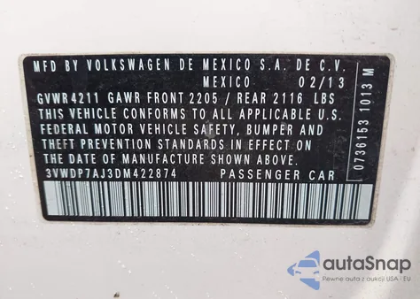 2013 Volkswagen Jetta Se из США, поврежденный, VIN 3VWDP7AJ3DM422874